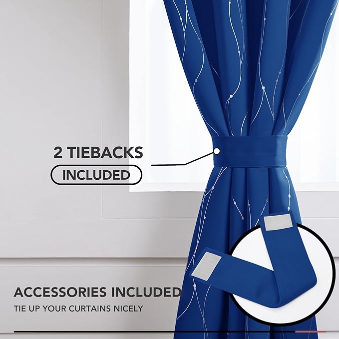 Deconovo Blackout Curtains, 52 x 108 Inch Drape for Sliding Door with Wave Dot Silver Print, Soundproof Thermal Insulated Window Curtain for Bedroom Living Room, Set of 2, Machine Washable, Royal Blue