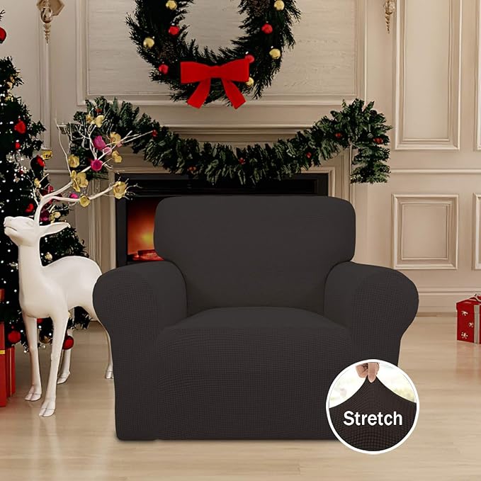 Easy-Going Stretch Chair Sofa Slipcover 1-Piece Couch Sofa Cover Furniture Protector Soft with Elastic Bottom for Kids, Pet. Spandex Jacquard Fabric Small Checks (Chair, Chocolate)