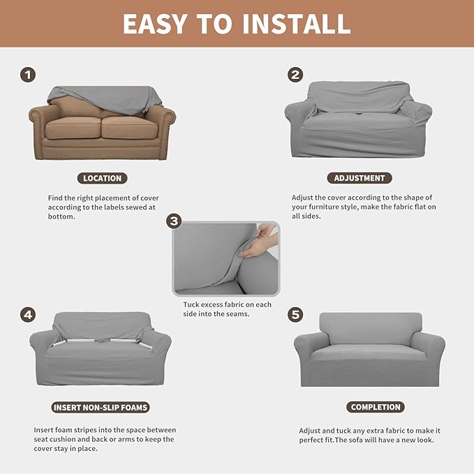 Easy-Going 100% Waterproof Loveseat Couch Cover, Dual Waterproof Sofa Cover, Stretch Jacquard Sofa Slipcover, Leakproof Furniture Protector for Kids, Pets, Dog and Cat (Loveseat, Light Gray)