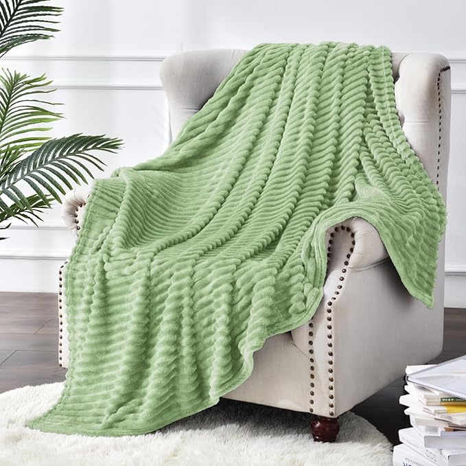 BEDELITE Fleece Blanket Twin Size – 3D Ribbed Jacquard Soft and Warm Decorative Fuzzy Blankets – Cozy, Fluffy, Plush Lightweight Throw Blankets for Couch, Bed, Sofa(Sage Green, 60x80 inches)
