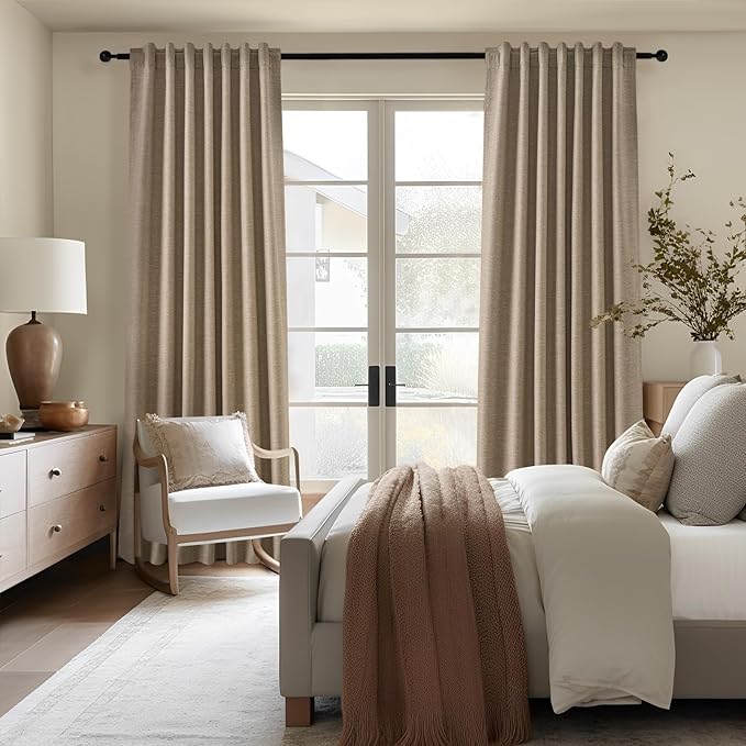 Topfinel Linen Blackout Curtains 96 Inch Long, Light Blocking Rustic Neutral Thermal Insulated Brown Natural Linen Cabin Back Tab Viral Drapery Drapes with Hooks Rings 2 Panel Sets, Brown Tan 8 FT