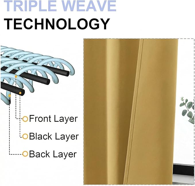 Simplebrand Ava Blackout Curtains for Patio 108 Inches Long 2 Panels Set, Solid Thermal Insulated Room Darkening Rod Pocket Window Treatment Curtains Blackout Drapes, W50 x L108 Inch, Bright Gold