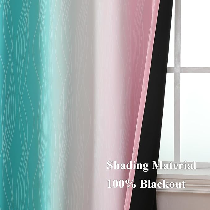 Estelar Textiler Teal and Pink Ombre Blackout Curtains for Bedroom, Full Room Darkening Grommet Curtains for Living Room, Thermal Insulated Light Blocking Gradient Drapes, 42Wx72L, 2 Panels