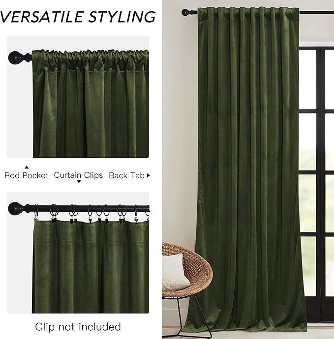 RYB HOME Olive Green Velvet Curtains 72 inches Length with Hook Tape, Thermal Insulated Privacy Protect Decorative Drapes for Window, W 42 x L 72 inches, 2 Panels Set