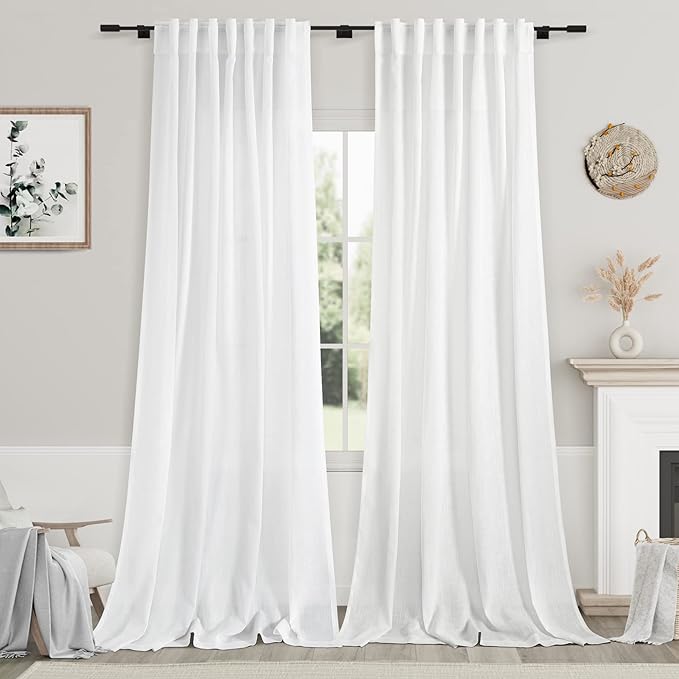 Extra Long White Curtain 108 inches Long 2 Panels Set for Living Room Back Tab Modern Farmhouse Decor Cotton Textured Off White Sheer Linen Curtains 108 inch Length for Large Window 9 FT Tall
