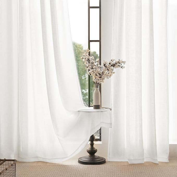 White Curtains 96 inches Long 2 Panels Back Tab Light Filtering Cotton Textured Curtain Modern Farmhouse Coastal Decor Off White Linen Drapes 96 inch Length for Patio Sliding Door Office 42x96