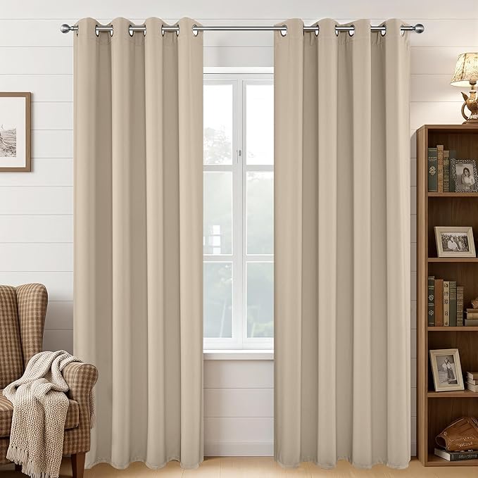 Joydeco Beige Curtains 95 Inches Long 2 Panels Set, Thermal Insulated Long Curtains& Drapes 2 Burg, Room Darkening Grommet Drapes for Living Room Bedroom Window (W52 x L95 Inch, Light Beige)