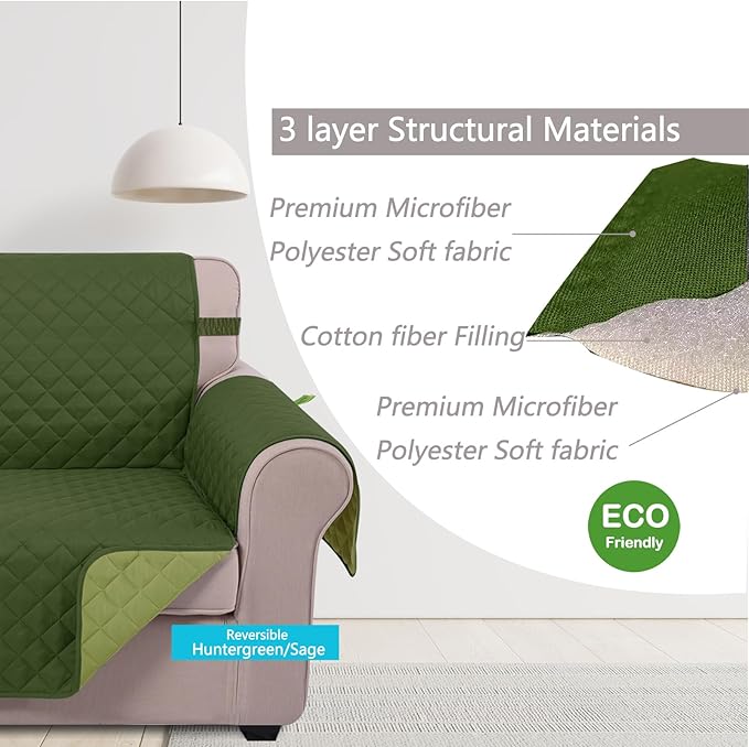 U-NICE HOME Loveseat Sofa Cover Reversible Couch Cover for Dogs with Elastic Straps Water Resistant Furniture Protector for Pets Couch Cover for 2 Cushion Couch (Loveseat, Huntergreen/Sage)