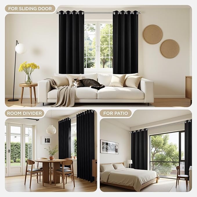 Joydeco Blackout Curtains 72 Inches Long 2 Panels Set, Thermal Insulated Long Curtains& Drapes 2 Burg, Room Darkening Drapes for Bedroom Living Room (Black, W37 x L72 Inch)