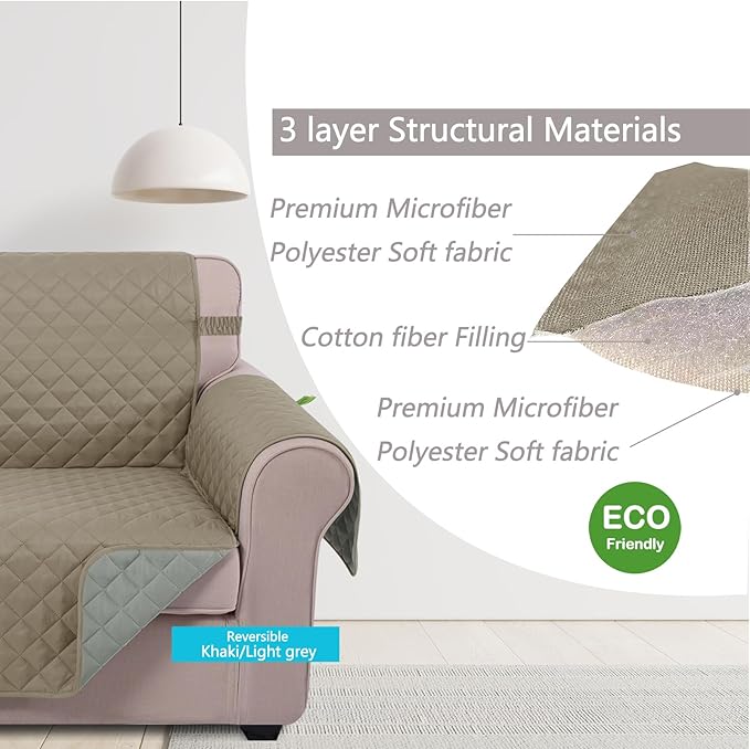 U-NICE HOME Reversible Oversized Chair Covers Quilted Water Repellent Pet Protectors with Elastic Straps(28''Armchair, Khaki/Light Grey)