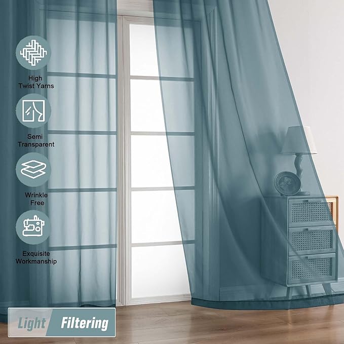 Dusty Blue Sheer Curtains for Window 72 inches Long 2 Panels Set, Soft Airy Modern Light Filtering Sheer Curtains for Living Room Bedroom, Dual Rod Pocket Solid Window Drapes, 2x42Wx72L inches