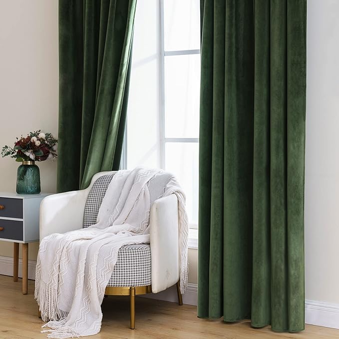 MIULEE Velvet Curtains 132 inches - Luxury Blackout Curtains for Bedroom Living Room Thermal Insulated Super Soft Window Drapes Rod Pocket & Back Tab, Olive Green, W52 x L132 inches, 2 Panels