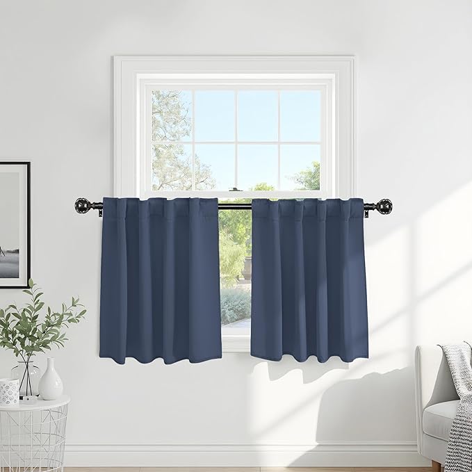 PONY DANCE Short Curtains for Small Window - Light Filtering Tiers Thermal Drapes Room Darkening Energy Saving for Bathroom Kitchen Decor, 42 W x 36 L, Blue Haze, 2 Panels