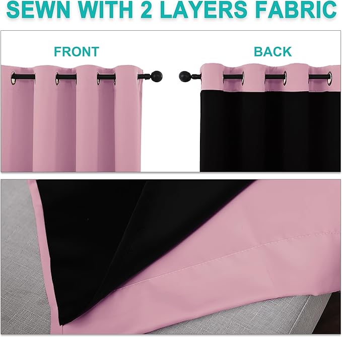 NICETOWN 100% Blackout Short Curtains with Black Liners, 2 Panels, 37" W by 50" L, Crystal Pink, Thermal Insulated Full Blackout 2-Layer Lined Drapes, Energy Efficiency Window Draperies for Bedroom
