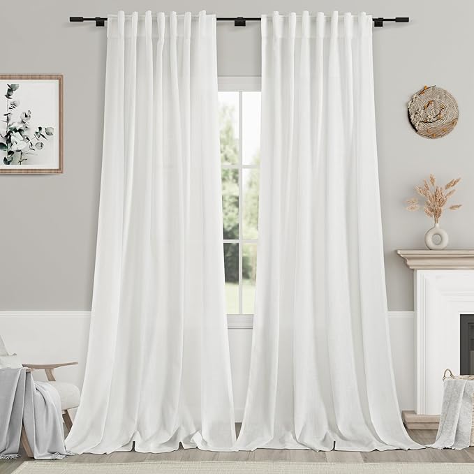 White Linen Curtains 126 Inches Long 2 Panels Set for Living Room Extra Long Back Tab Curtain Neutral Farmhouse Light Filtering Semi Sheer Linen Drapes Ceiling to Floor for Large Window 52x126