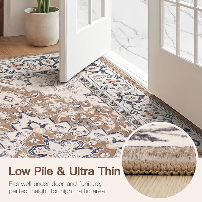 Lofus 2x10 Hallway Washable Runner Rug, Vintage Kitchen Runners Non Slip, Entryway Rugs for Bathroom Bedroom Living Room Laundry Room Floor Mat, Boho Entry Long Carpet, Floral Brown