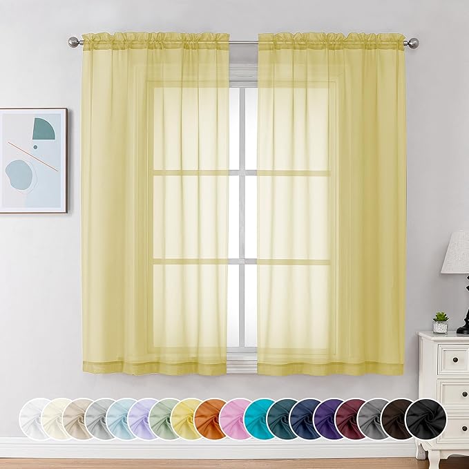 Chyhomenyc Mustard Yellow Sheer Curtains 54 Inches Long, Light Filtering Window Sheer Curtain Panel Drapes, Elegant Rod Pocket Soft Voile for Bedroom Living Room, Each 42Wx54L Inches, 2 Panels