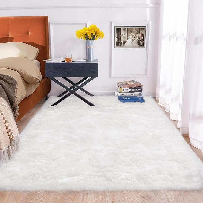 ORINOVA White Rugs for Living Room 6x9 Area Rugs for Bedroom Large Washable Faux Sheepskin Fluffy Fur Rug Nursery Rugs Room Décor