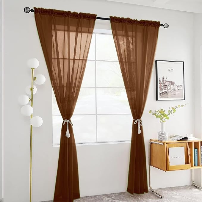 SpaceDresser Sheer Voile Window Treatment Rod Pocket Curtain Panels for Kitchen Bedroom Living Room Drapes Sunlight Filtering Privacy Semi Home Decor Assorted (Brown, 52 W x 96 L)