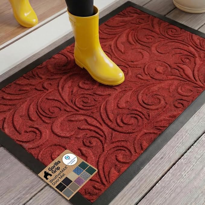 GORILLA GRIP 100% Waterproof All-Season WeatherMAX Doormat US Designed Natural Rubber, Stain and Fade Resistant, Low Profile Indoor Outdoor Door Mats, Easy Clean Patio Mat, 29x17, Red Vintage Wine