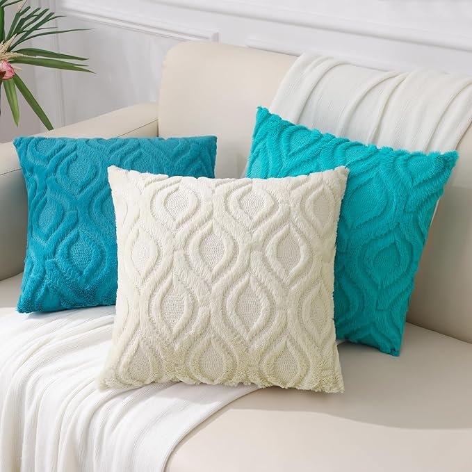 decorUhome Summer Throw Pillow Covers 22x22 Inch Set of 2, Soft Plush Faux Wool Turquoise Solid Couch Pillow Covers, Accent Euro Sham Farmhouse Neutral Square Pillow Cases for Sofa Bed Living Room