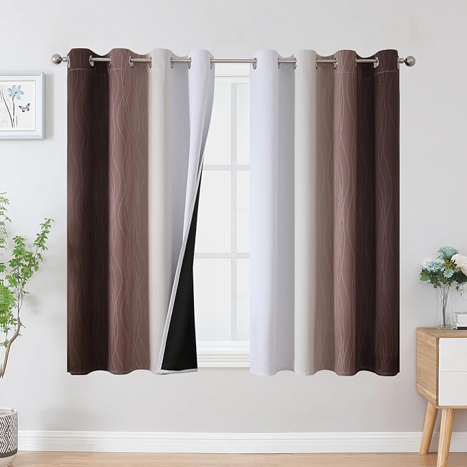 Estelar Textiler Brown and Greyish White Blackout Curtains 54 Inch Length, Full Light Blocking Gradient Grommet Drapes for Living Room, Thermal Insulated Ombre Curtains for Bathroom,52Wx54L,2 Panels