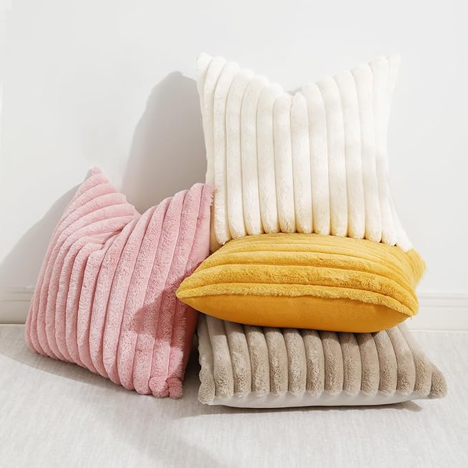 decorUhome Summer Cozy Faux Fur Throw Pillow Covers 24x24 Set of 2 Decorative Plush Striped Modern Farmhouse Boho Couch Euro Sham Pillow Cases with Velvet Back for Sofa Bed Living Room, Mustard Yellow