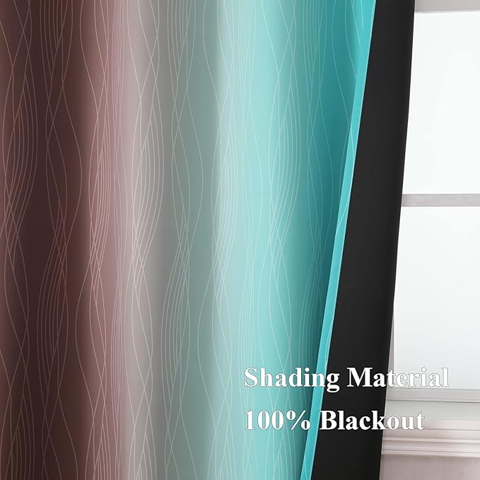 Estelar Textiler Brown and Teal Blackout Curtains & Drapes for Bedroom, Thermal Insulated Ombre Blackout Drapes, Room Darkening Energy Saving Curtains for Living Room, 42Wx63L, 2 Panels