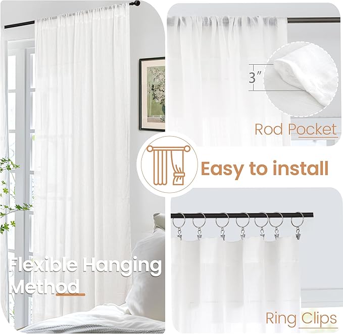 BGment White Linen Semi Sheer Curtains 36 Inch Length for Kitchen Cafe Window - Small Drapes Light Filtering with Rod Pocket Lightweight for Cafe Bathroom, 2 Panels Set, 30 X 36 Inch
