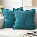 MIULEE Decorative Throw Pillow Covers for Couch Bed Livingroom 18x18 Inch Set of 2 Teal Blue Boho Accent Throw Pllows Broadside Striped Patchwork Soft Corduroy Summer Coastal Pillowcases