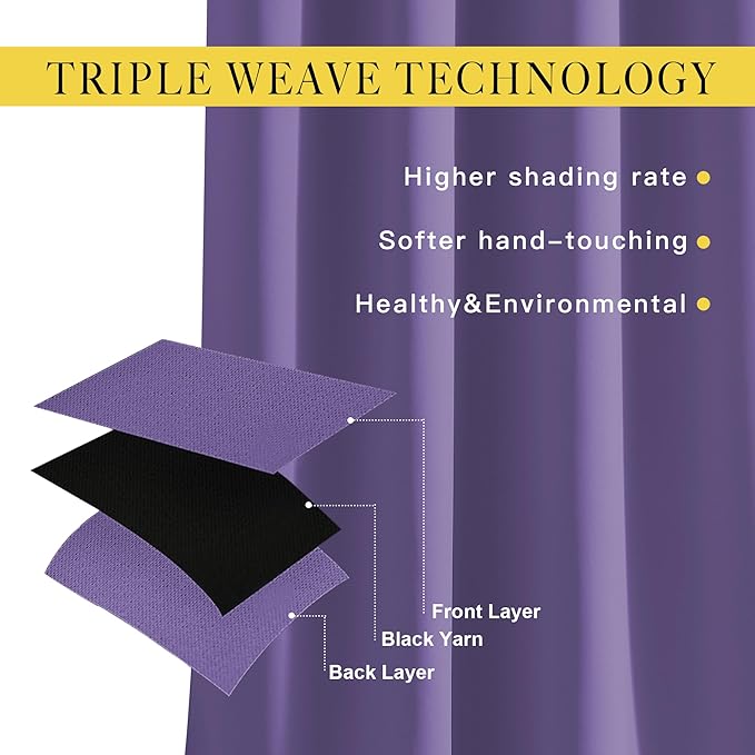 NICETOWN Blackout Curtains 90 inch Length - Triple Weave Energy Saving Sound Reducing Thermal Insulated Solid Grommet Blackout Drapes for Bedroom/Living Room (1 Pair, W46 x L90, Lilac Purple)