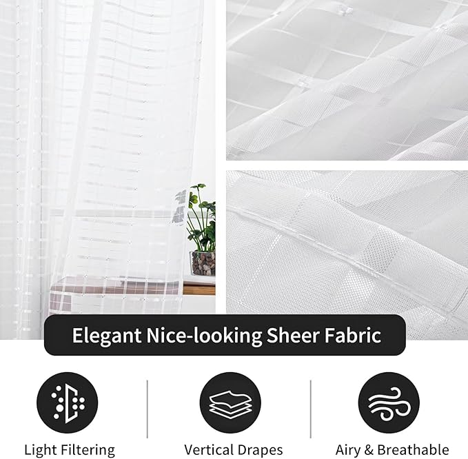 SpaceDresser Check Sheer Curtains 54 Inches Long for Living Room, Rod Pocket Plaid Semi Sheer Drapes for Kitchen Bedroom（White, 52W x 54L）
