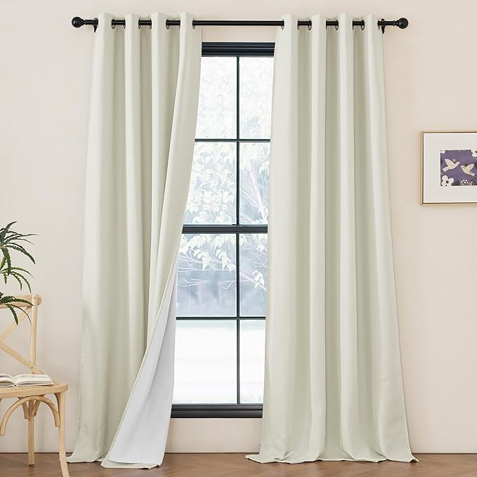 NICETOWN Faux Linen 100% Blackout Living Room Curtains 96 inches Long, Silver Grommet 2 Layers Window Treatment with White Liner Thermal Curtains for Bedroom, Vanilla, W52 x L96, 2 Panels