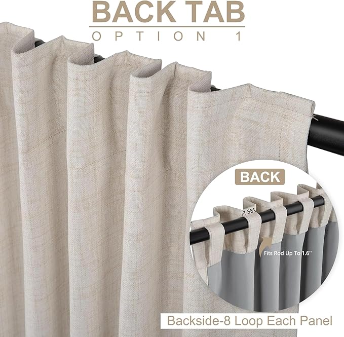 100% Blackout Shield Linen Blackout Curtains for Bedroom 96 Inches Long, Back Tab/Rod Pocket Living Room Drapes, Thermal Insulated Blackout Curtains 2 Panels Set, 50" W x 96" L,Cream