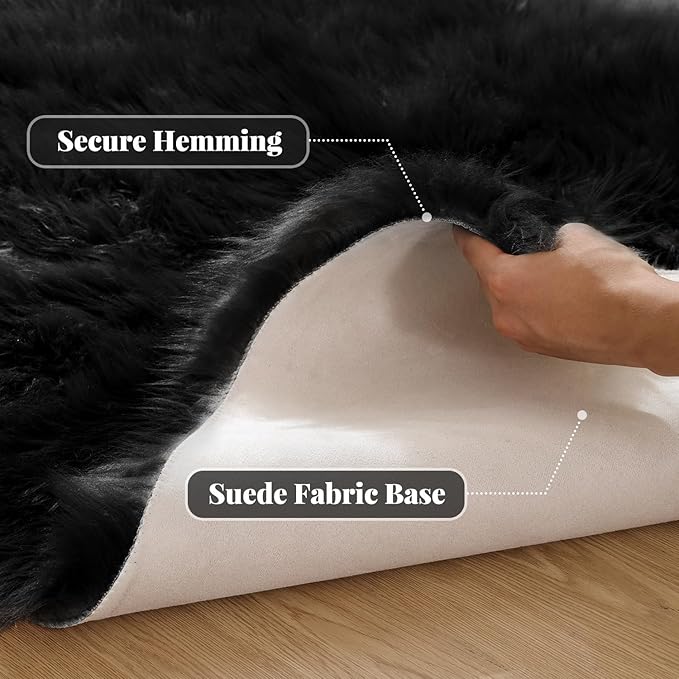 ORINOVA Black Fuzzy Washable Shaggy Area Rugs for Bedroom Small Circle Faux Sheepskin Shag Fur Round Rug 3ft Nursery Rug