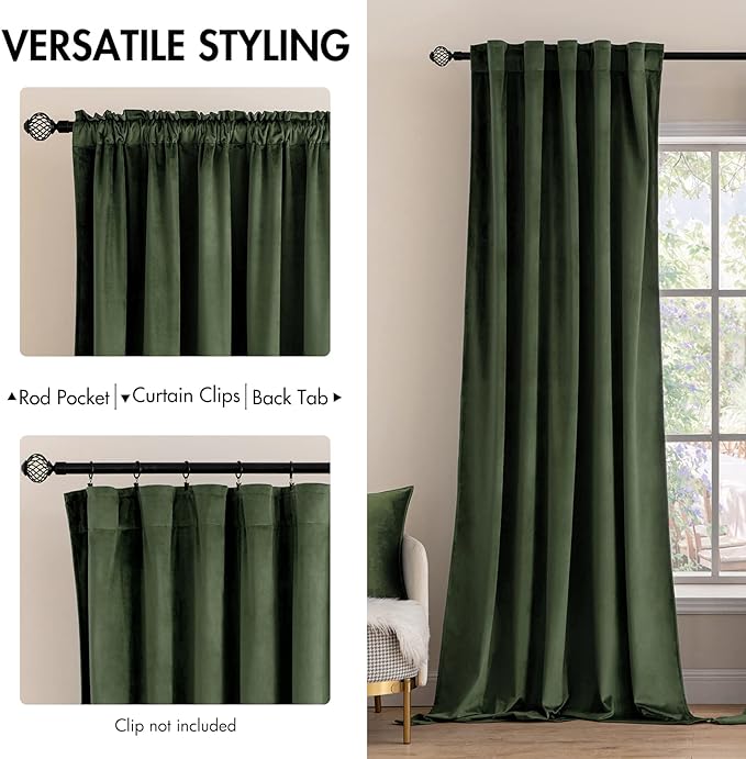 MIULEE Velvet Curtains 132 inches - Luxury Blackout Curtains for Bedroom Living Room Thermal Insulated Super Soft Window Drapes Rod Pocket & Back Tab, Olive Green, W52 x L132 inches, 2 Panels