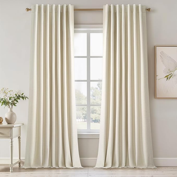 Cream Extra Long 120 Inch Blackout Curtains for Large Window Treatment Natural Farmhouse Thick Linen Texture Sound Proof Drapes Room Divider Pleat Ceiling Track Burg Bedroom 10Ft(W52 xL132 2 Panels)