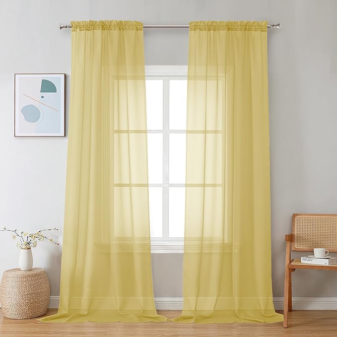 Chyhomenyc Sheer Mustard Yellow Curtains 90 inches Long 2 Panels, Light Filtering Soft Airy Solid Elegant Voile Window Treatment Drapes for Bedroom Living Room Wedding Party Decor, 42 Wx90 L Inches