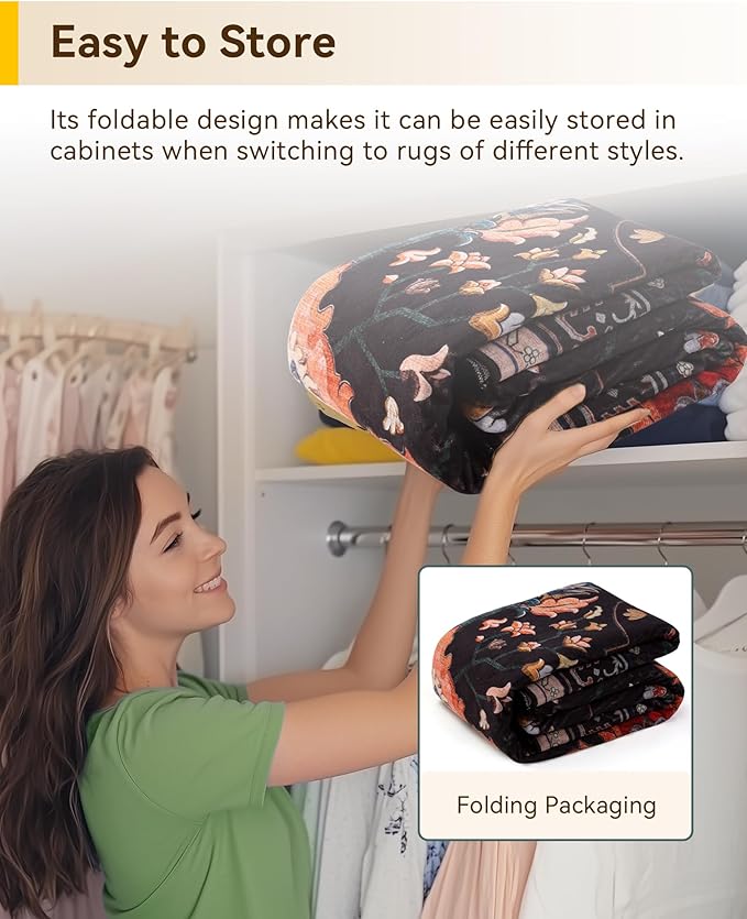 Area Rugs 7'x9' Washable Non-Slip, Floral Vintage Distress Print Pattern Medallion Carpet for Living Room Bedroom Dining Room, Black Colorful Floral Dark Tan