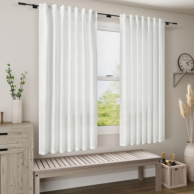 Extra Long White Linen Curtains 102 Inches Long 2 Panels Set for Living Room Back Tab Modern Farmhouse Decor Cotton Textured White Sheer Linen Curtain 102 Inch Length for Large Window 70x102