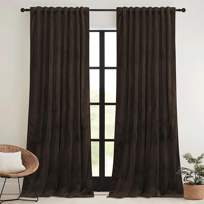 RYB HOME Brown Blackout Curtains 84 inches Long Velvet, Room Darkening Thermal Insulated Drapes with Hook Belt for Bedroom Home Theater, W 52 x L 84 inches, 2 Panels Set