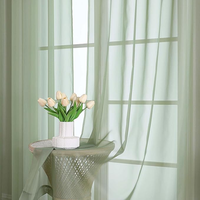 Chyhomenyc Sage Green Sheer Curtains 96 Inches Long 2 Panels, Light Filtering Green Curtains for Living Room, Soft Gentle Voile Rod Pocket Bedroom Window Drapes, 59Wx96L Inch, 2PCS