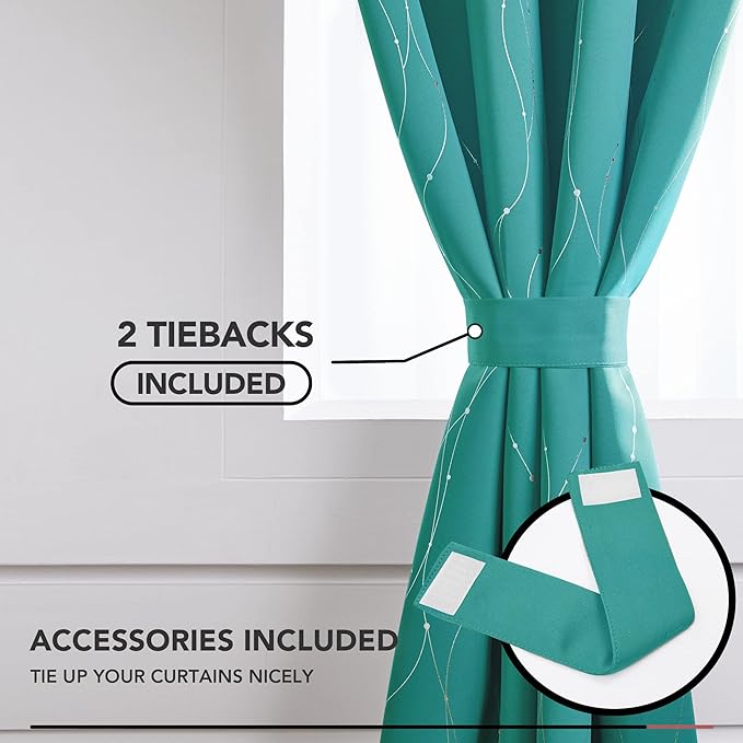 Deconovo Blackout Curtains for Sliding Door, Thermal Insulated Soundproof Drapes with Wave Dots Foil Print, 52 x 108 Inch, Set of 2, Machine Washable Window Curtain for Bedroom Living Room, Turquoise
