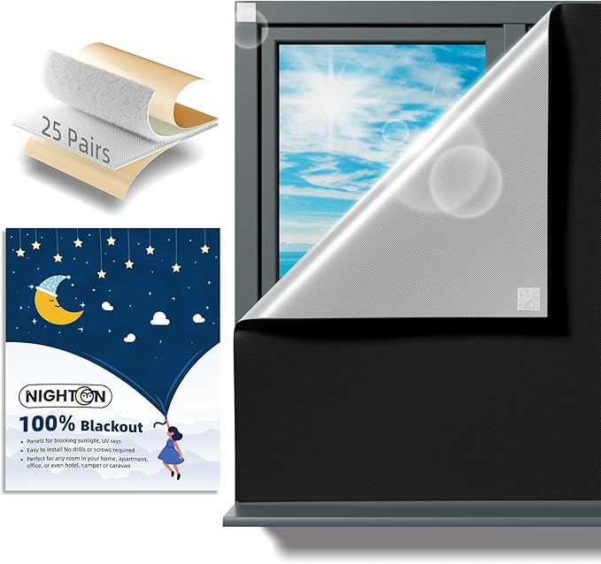 NIGHTON Portable Blackout Curtains 35"×59" Strong Hook&Loop Tape Strips with Adhesive,Black Out Shades That can be Cut,100% Blackout Material Blackout Blinds for Baby Nursery or Travel-Black 2Pack-01