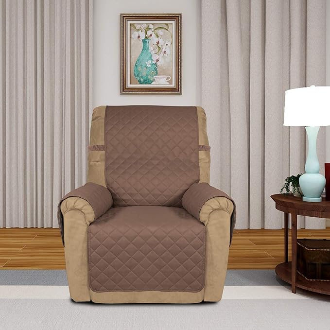 PureFit Reversible Quilted Sofa Cover, Water Resistant Slipcover Furniture Protector, Washable Couch Cover with Non Slip and Elastic Straps for Kids, Dogs, Pets (Small Recliner, Brown/Beige)