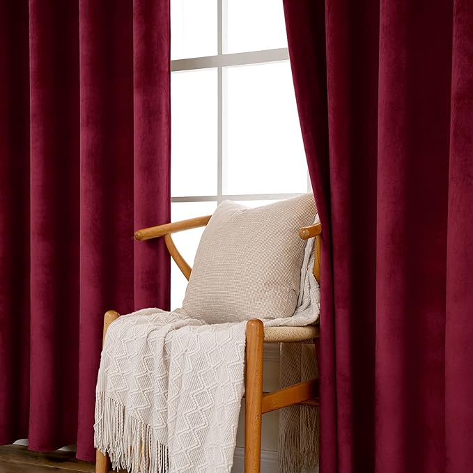 MIULEE Christmas Burgundy Velvet Curtains Solid Soft Red Blackout Curtain Grommet Top Thermal Soundproof Room Darkening Curtains/Drapes/Panels for Living Room Bedroom 52 x 84 Inch 2 Panels
