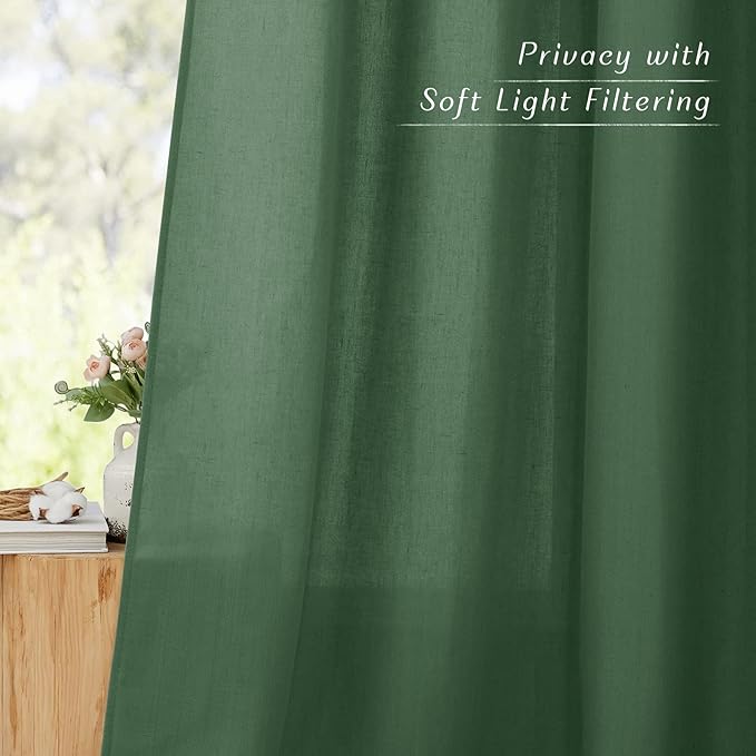 NICETOWN Flax Olive Green Linen Curtains for Room Divider, Grommet Top Thick Flax Semi Sheer Vertical Drapes Privacy Assured with Light Filtering for Sliding Glass Door, W68 x L96, 2 Pieces