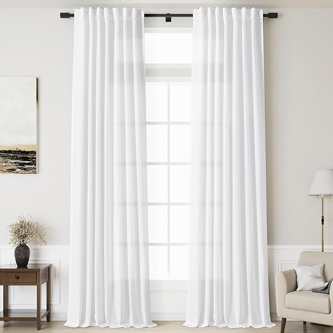 Nanspring White Linen Curtains 127 Inches Long 2 Panels Set for Living Room Extra Long Back Tab Curtains Farmhouse Semi Sheer Light Filtering Linen Drapes Ceiling to Floor for Large Window 52x127