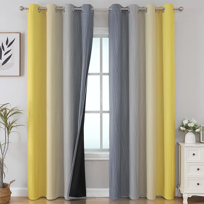 Estelar Textiler Yellow and Gray Blackout Curtains 96 Inches Long, Ombre Thermal Insulated Gradient Window Drapes for Bedroom, Full Light Blocking Curtains for Living Room,52x96 Inch, 2 Panels