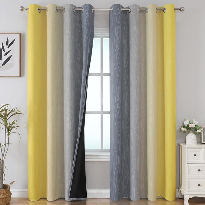 Estelar Textiler Yellow and Grey Blackout Curtains 108 Inches Long, Thermal Insulated Drapes for Bedroom, Full Light Blocking Energy Saving Long Curtains for Living Room, 52Wx108L, 2 Panels
